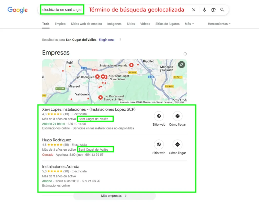 resultado en pack local haciendo seo local electricistas en sant cugat